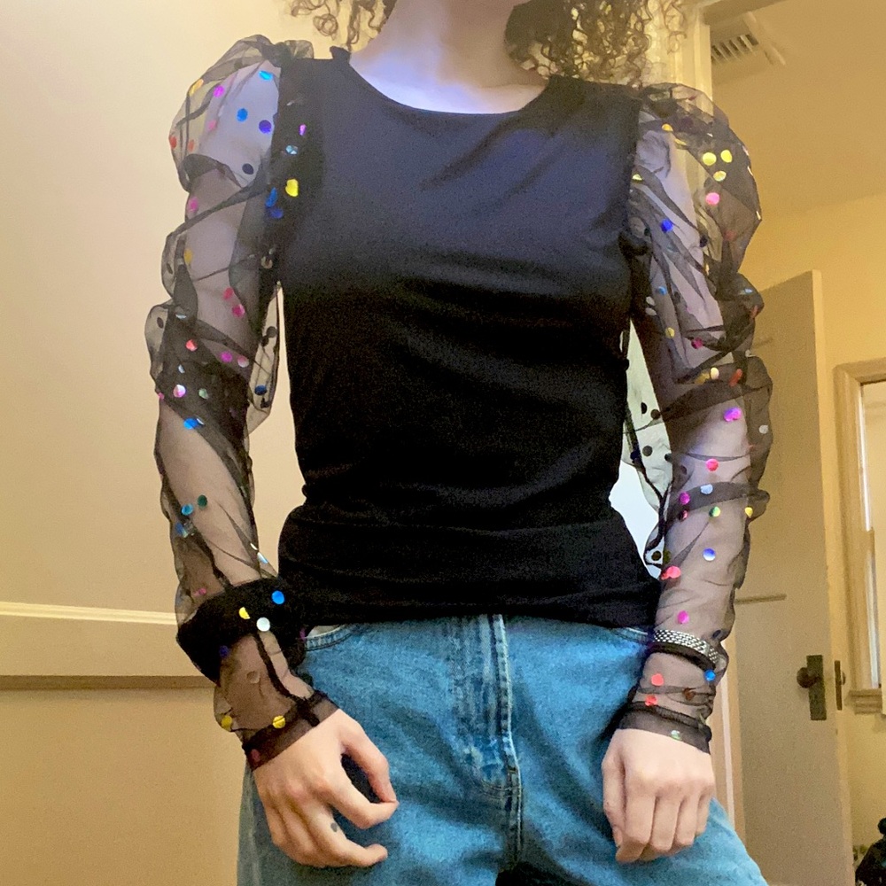SheIn Puff Sheer Sleeve Blouse w/ Polka Dot Detail